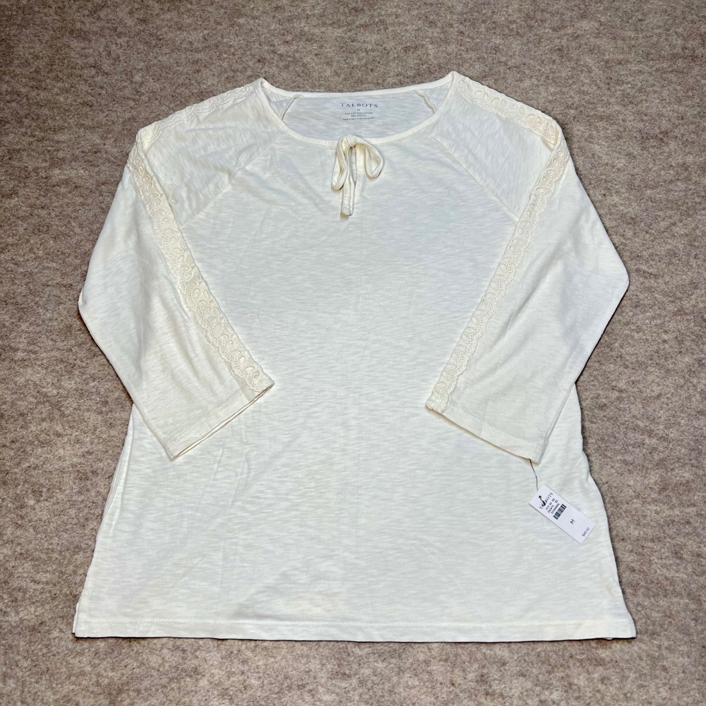Talbots Ivory Eyelet Lace Trim Tie Neck 3/4 Sleeve Top Medium NWT Casual Basic
